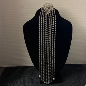 Elegant Silver Chain Tie Brooch Necklace Approximately 12” Long